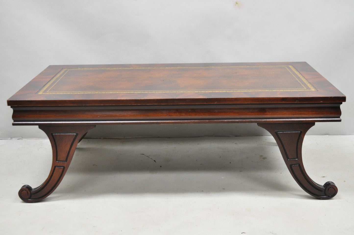 Vintage French Regency Mahogany Leather Top Saber Leg Coffee Table attr Weiman