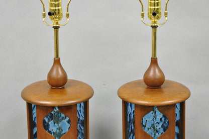 Vintage Modeline Mid Century Modern Walnut & Blue Stained Glass Table Lamps Pair