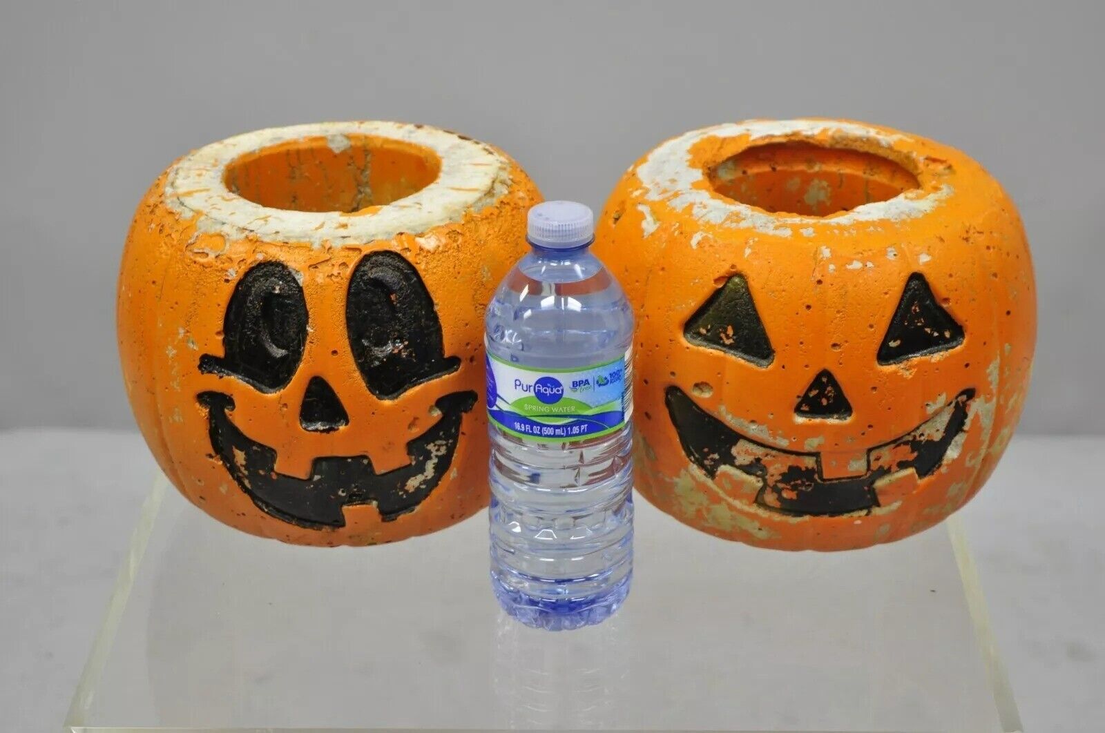 Vintage Orange Cement 8" Small Painted Garden Pumpkin Planter Plant Pot - Pair