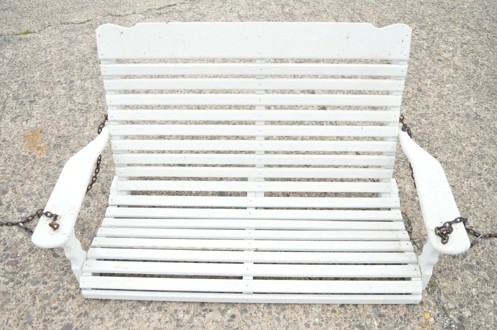 Vintage White Painted Wooden Slat Hanging Garden Patio Bench Love Seat Swing