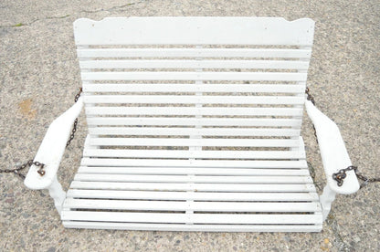 Vintage White Painted Wooden Slat Hanging Garden Patio Bench Love Seat Swing
