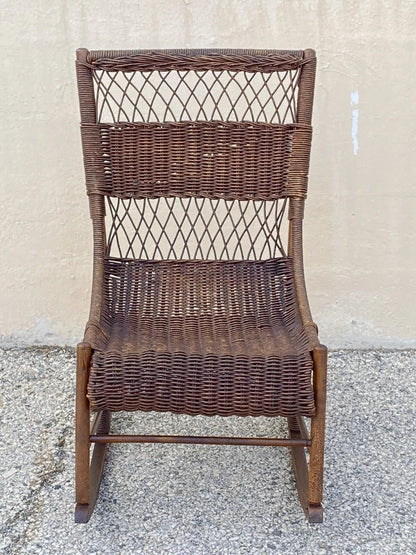 Antique Victorian Wicker and Rattan Wooden Small Rocking Chair Rocker