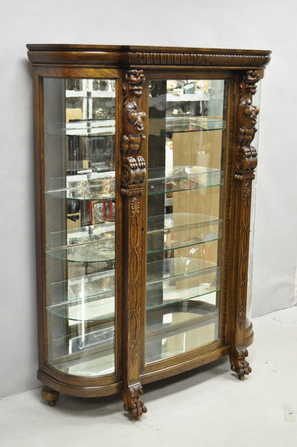 Antique American Empire Tiger Oak Curved Glass China Cabinet w/ Carved Griffins