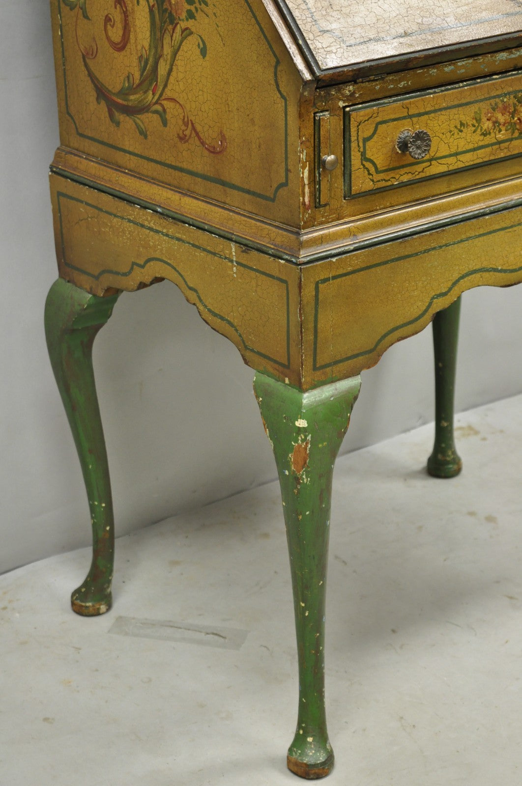 Antique English Adams Style Distress Hand Painted Narrow Secretary Writing Desk