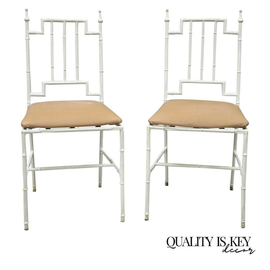 Italian Hollywood Regency White Faux Bamboo Metal Accent Side Chairs - a Pair