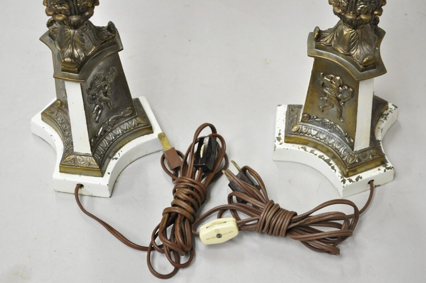 Vintage French Empire Style Candlestick Candelabra Brass Table Lamps - a Pair