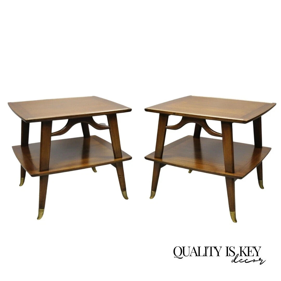 Vintage Mid Century Modern Sculpted Walnut 2 Tier End Tables w Brass Feet - Pair