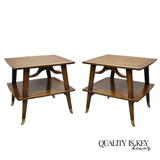 Vintage Mid Century Modern Sculpted Walnut 2 Tier End Tables w Brass Feet - Pair