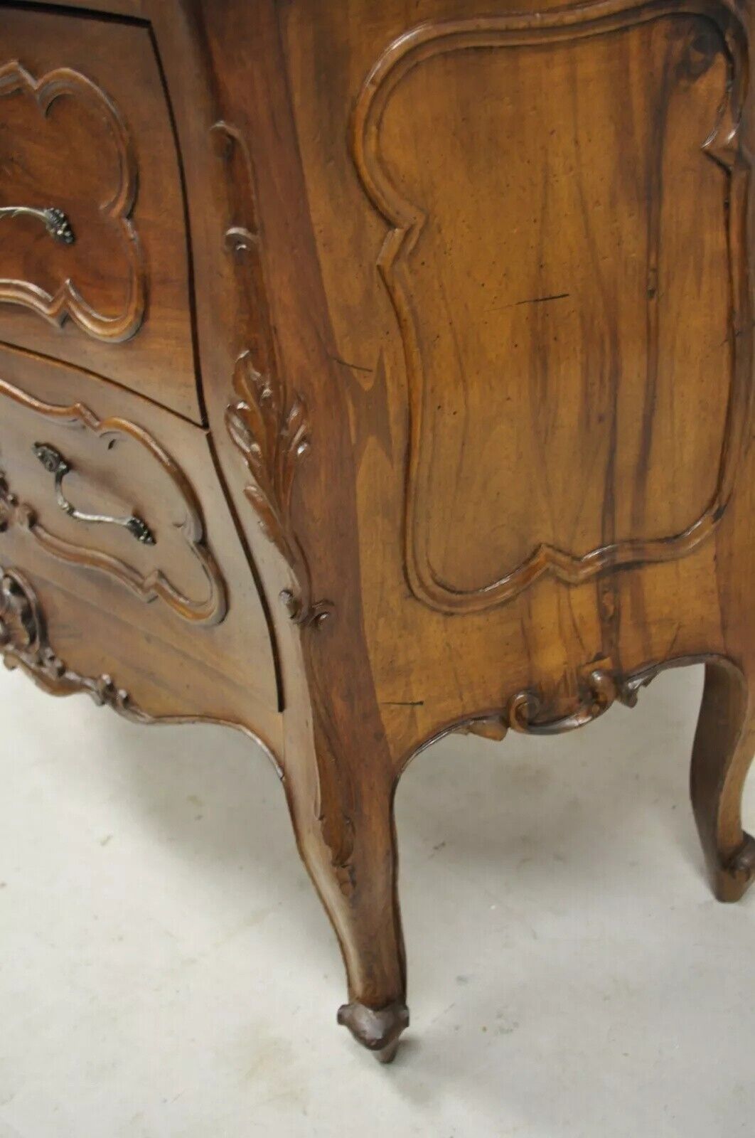 Vintage Louis XV Style Carved Walnut 2 Drawer Chest Italian Small Bombe Commode