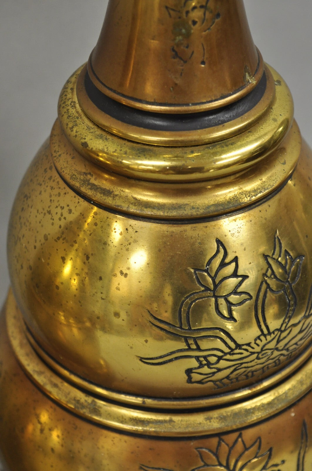 Vintage Chinoiserie Brass Stacked Beehive Table Lamps with Floral Etching - Pair