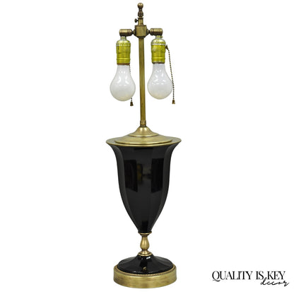 Antique French Neoclassical Black Faceted Oplalene Glass Urn Brass Table Lamp