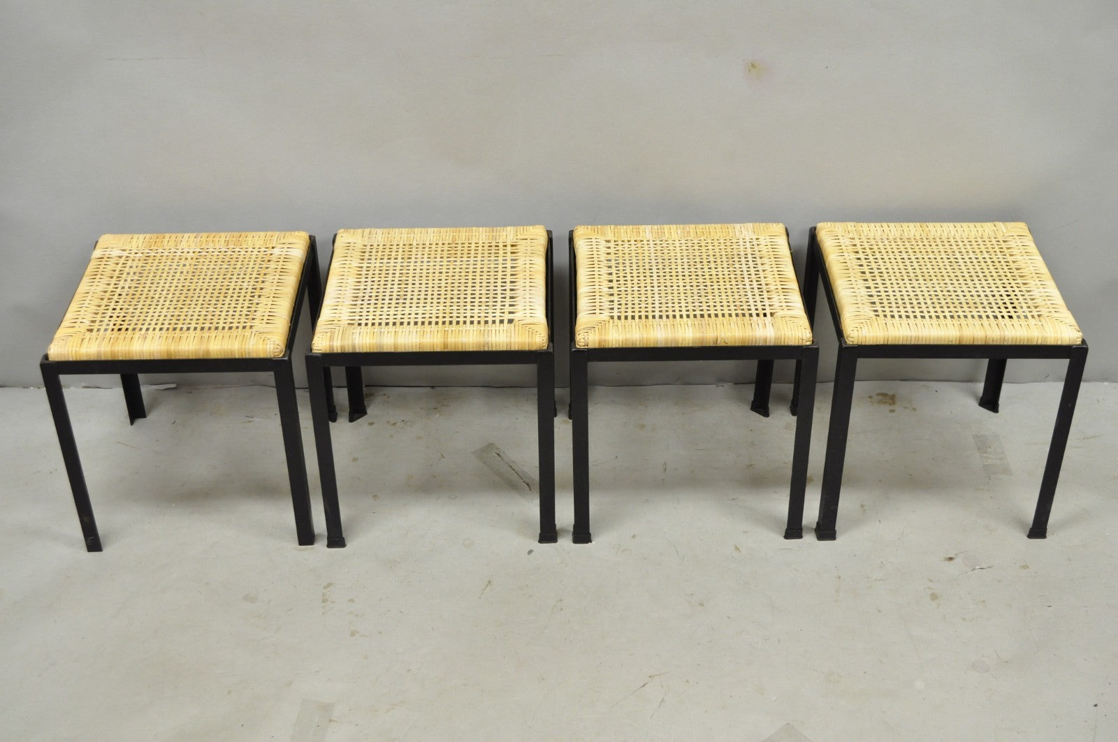 Mid Century Modern Danny Ho Fong Tropi-Cal Iron Cane Side Table Stool - Set of 4
