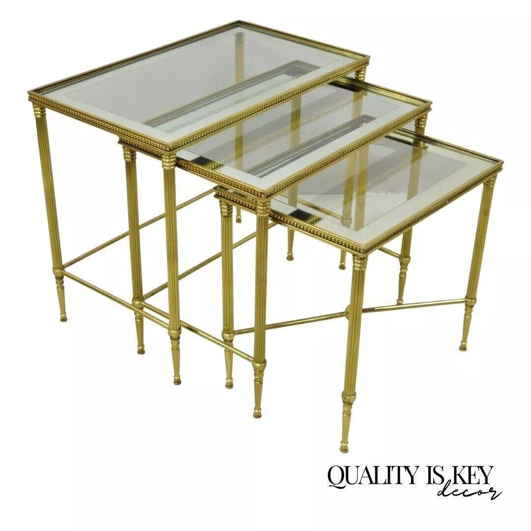 Italian Hollywood Regency Brass Mirror Glass Top Nesting Side Tables - Set 3