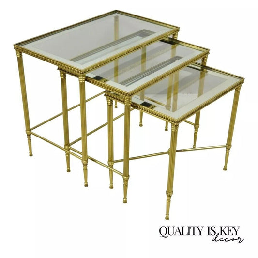 Italian Hollywood Regency Brass Mirror Glass Top Nesting Side Tables - Set 3