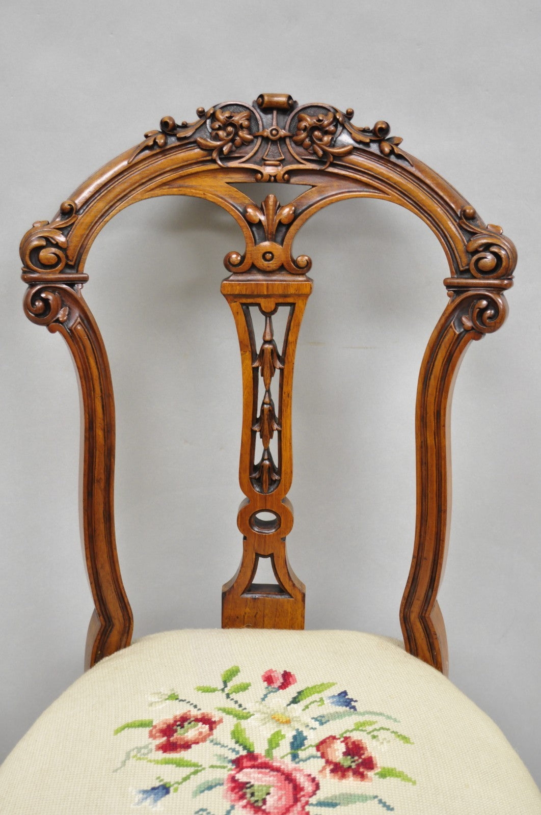 Antique Victorian Carved Walnut French Tapestry Parlor Side Chairs - Set of 4