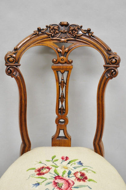 Antique Victorian Carved Walnut French Tapestry Parlor Side Chairs - Set of 4