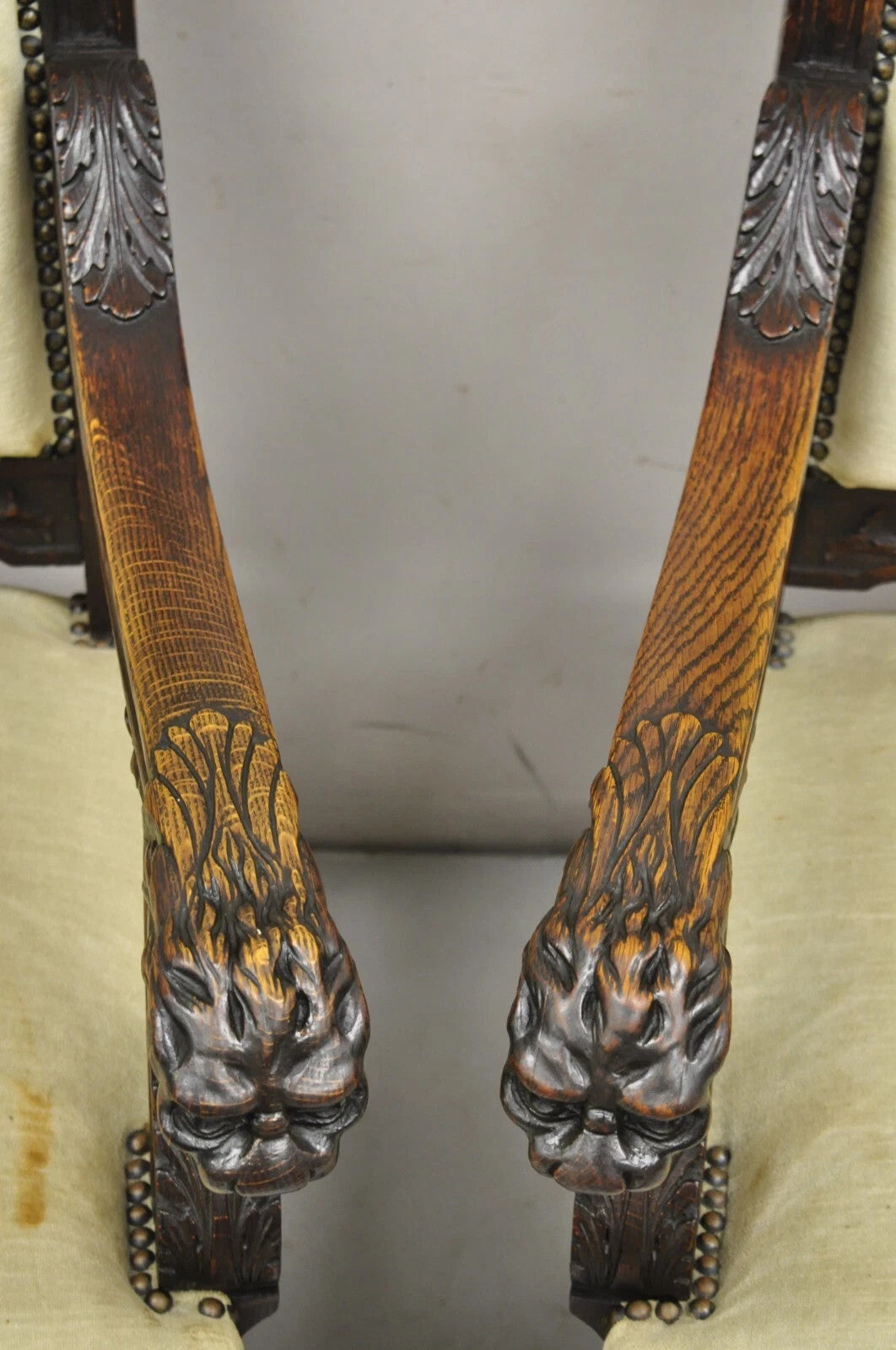 RJ Horner Attr Renaissance Figural Lion Carved Oak Wood Dining Chairs - Set of 6