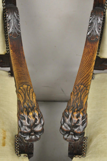 RJ Horner Attr Renaissance Figural Lion Carved Oak Wood Dining Chairs - Set of 6