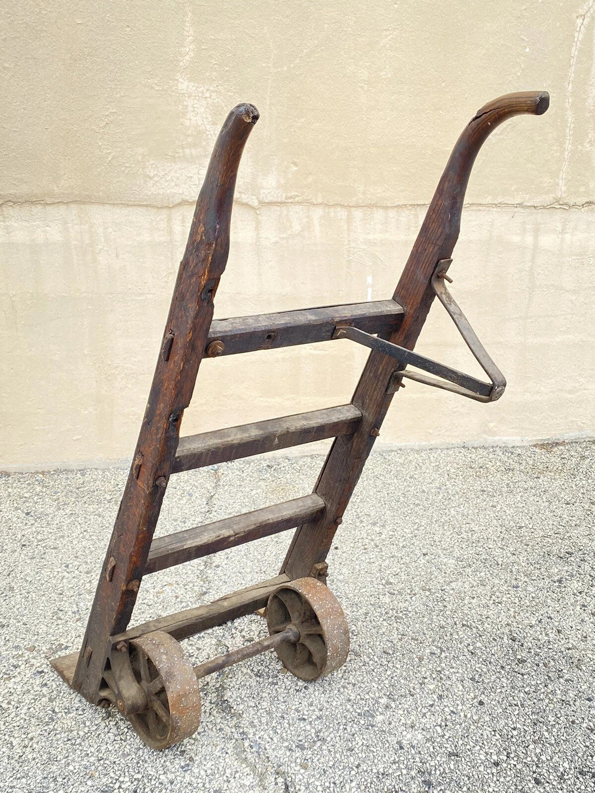 Antique Industrial Vintage Oak Wood and Steel Metal Factory Hand Truck