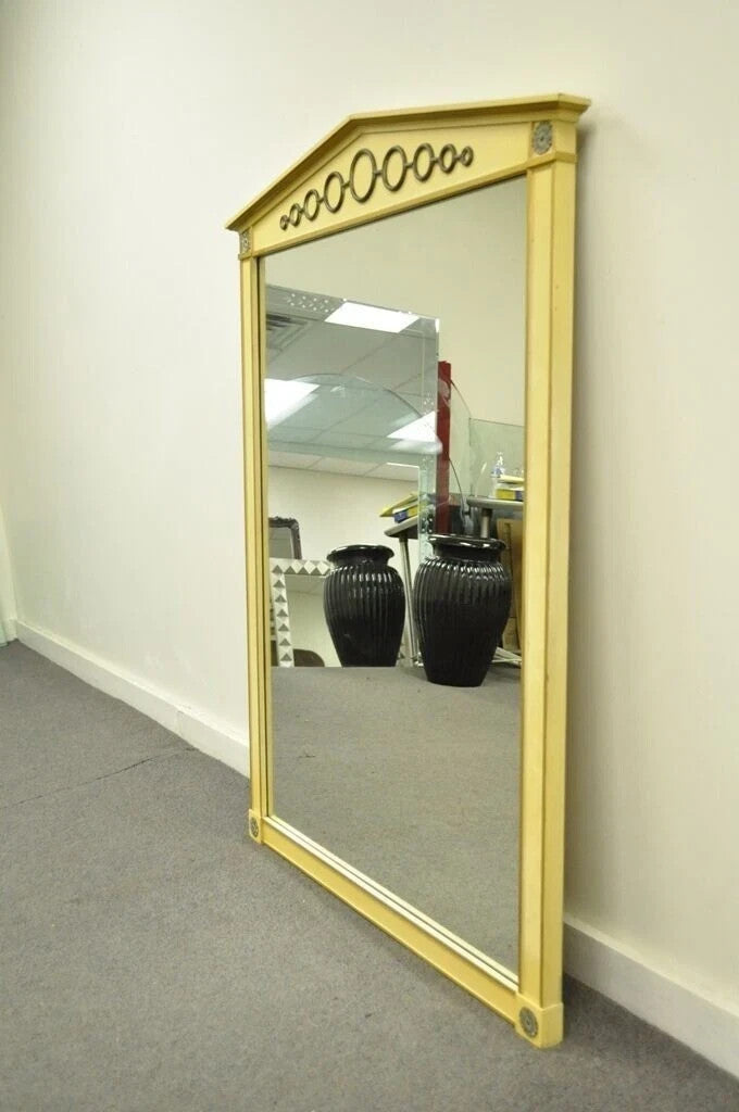 Vintage Hollywood Regency Neoclassical Brass Ring Cream Painted Wall Mirror