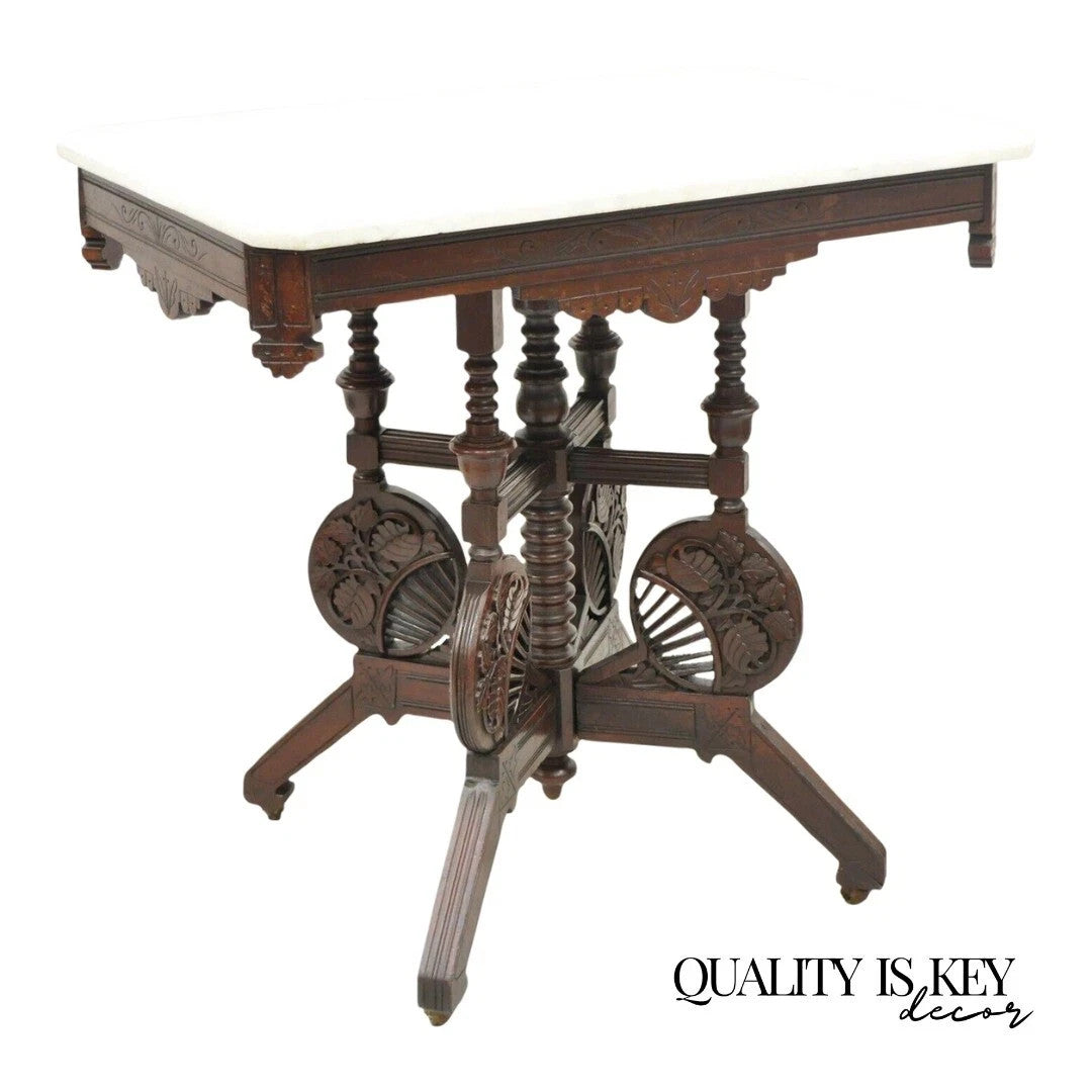 Antique Eastlake Victorian Floral Carved Walnut Marble Top Parlor Side Table