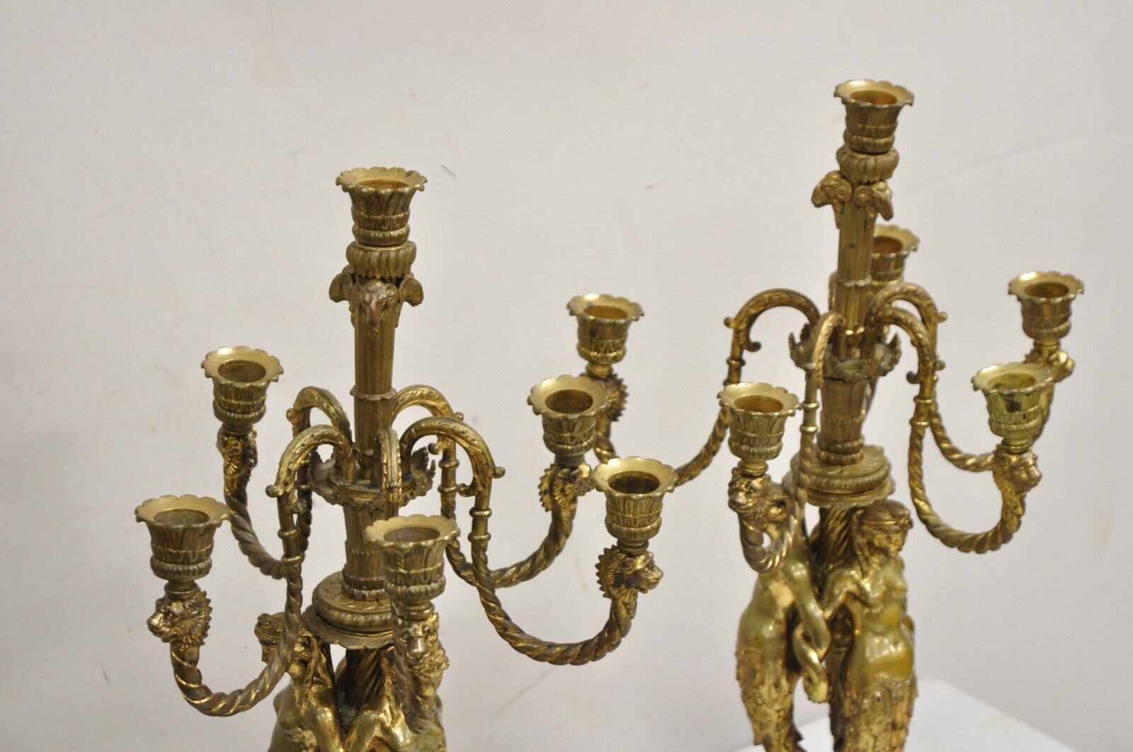 Antique French Neoclassical Bronze Figural Satyress Candelabras - a Pair