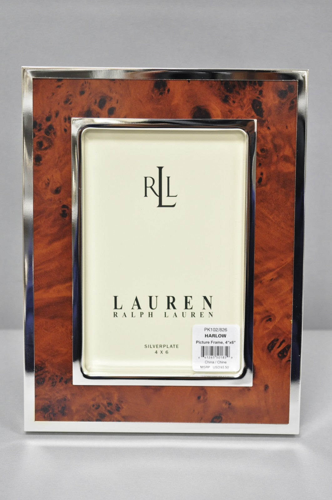 Lauren Ralph Lauren Harlow Burl Wood & Silver Plated 4x6 Photo Picture Frame NIB