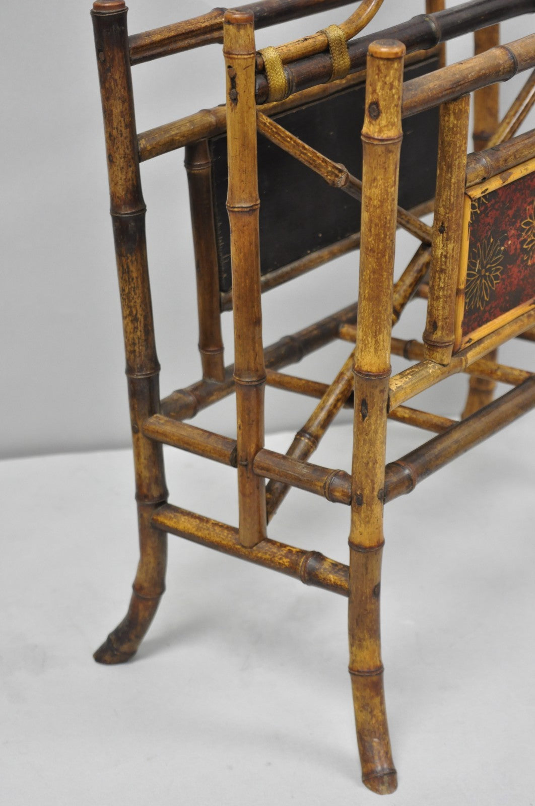 Antique English Victorian Bamboo Fretwork Canterbury Magazine Rack Stand