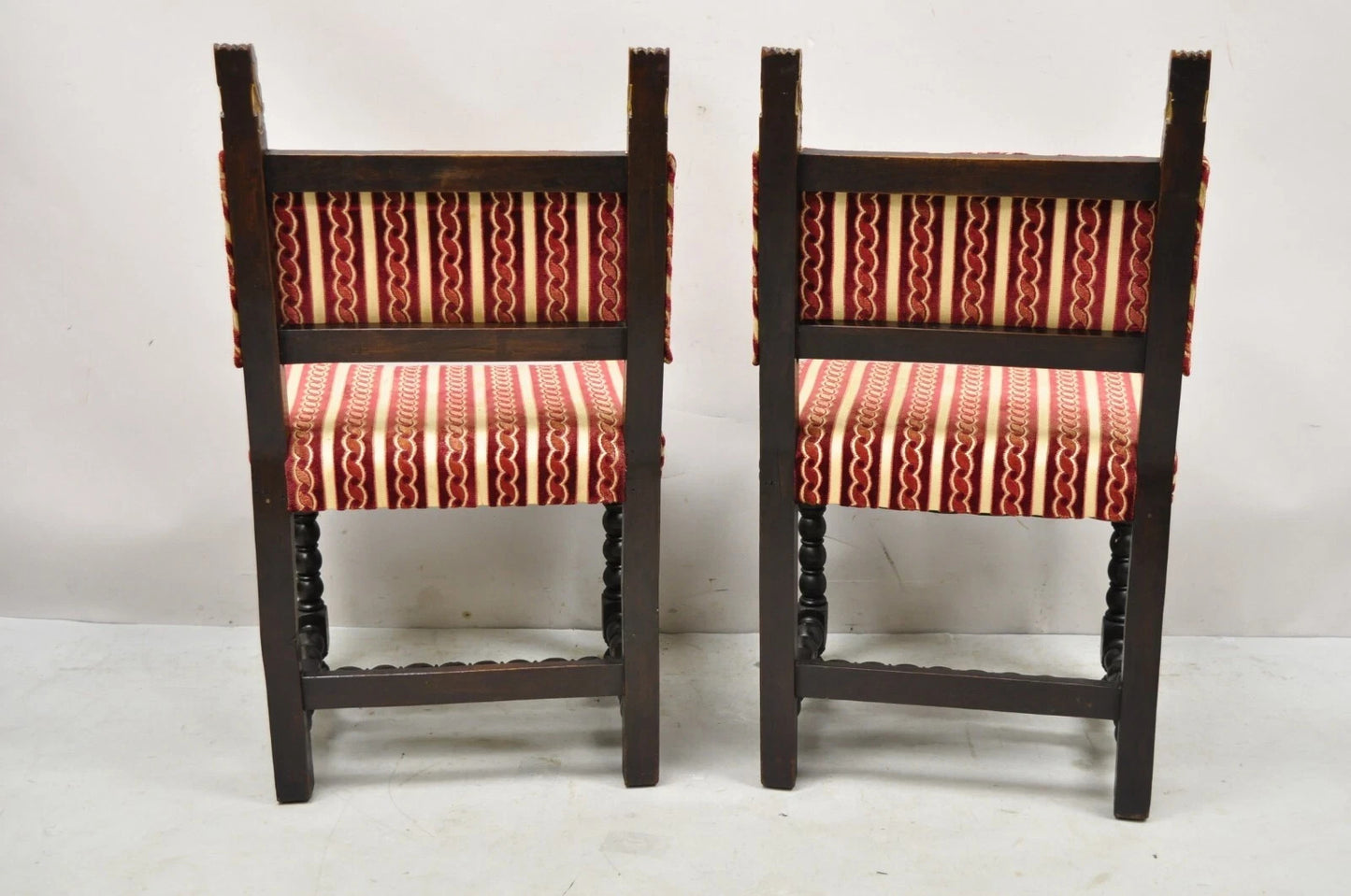 Antique Small Jacobean Style Turn Carved Walnut Accent Side Chairs - a Pair