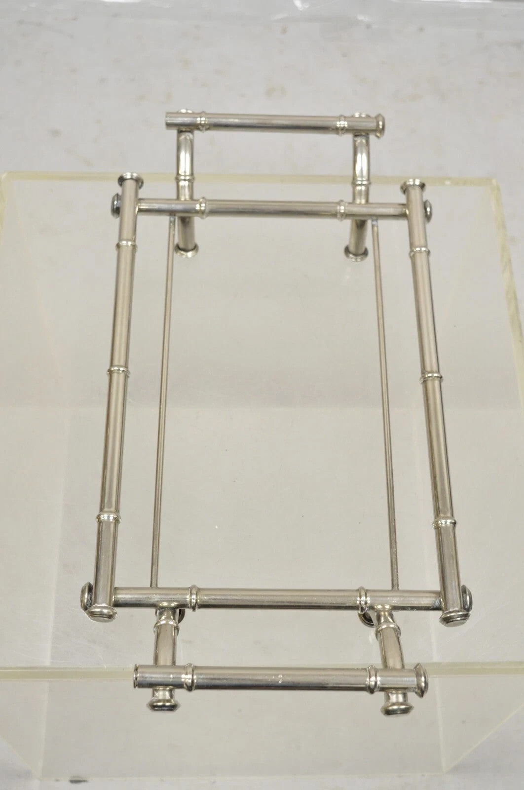 Vtg Italian Hollywood Regency Faux Bamboo Silver Plated Serving Platter Stand
