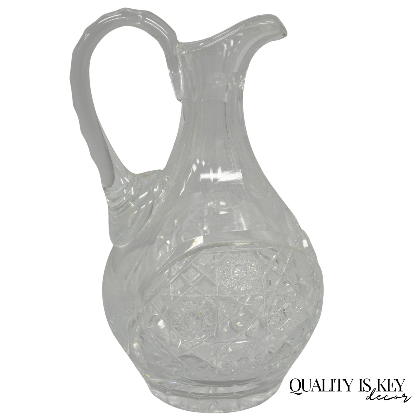Antique Victorian Leaded Crystal Glass Diamond Etched Small Water Pitcher Jug