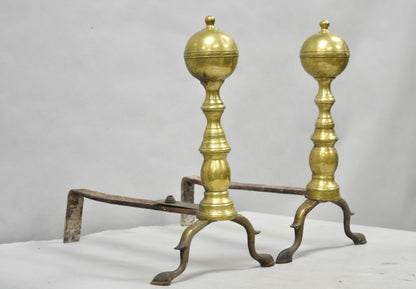 Antique English Colonial Brass Cannonball Branch Leg Andirons w/ Patina - a Pair