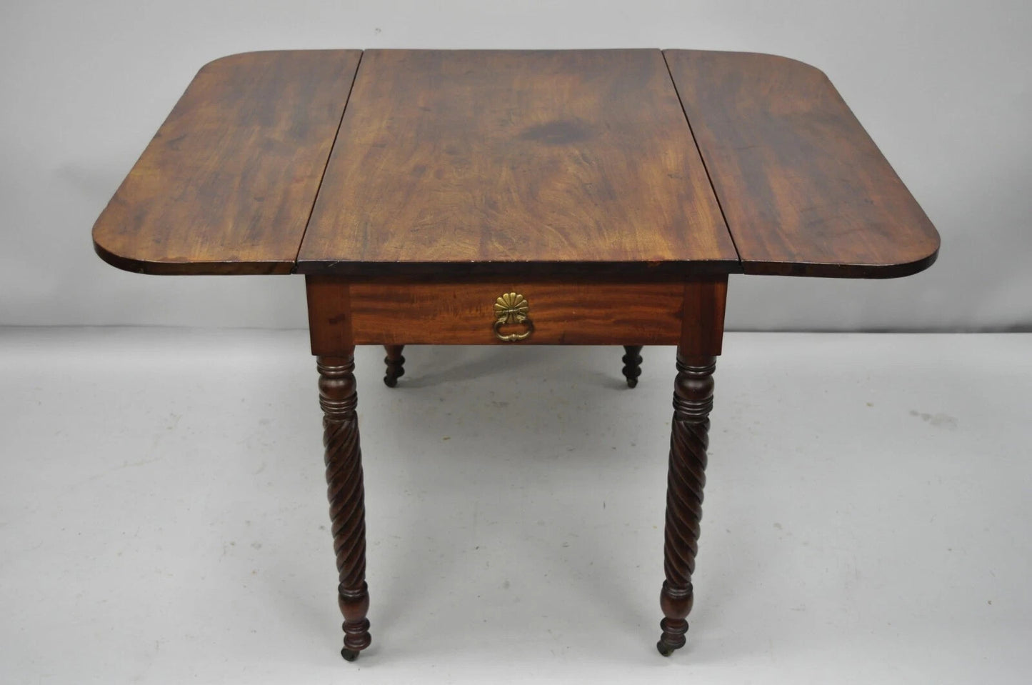 Antique 19th C. Sheraton Mahogany Turn Carved Spiral Leg Drop Leaf Dining Table