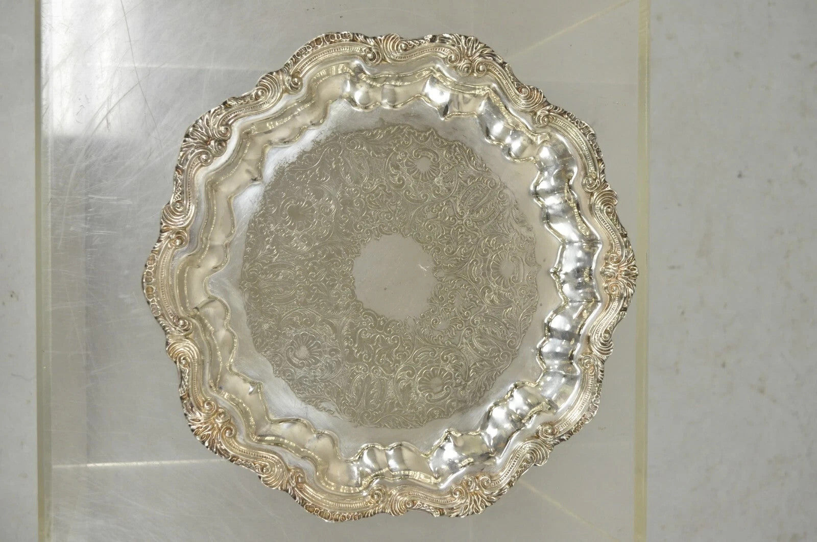 Vintage English Silver Mfg Regency Style Silver Plated 12" Trinket Platter Tray