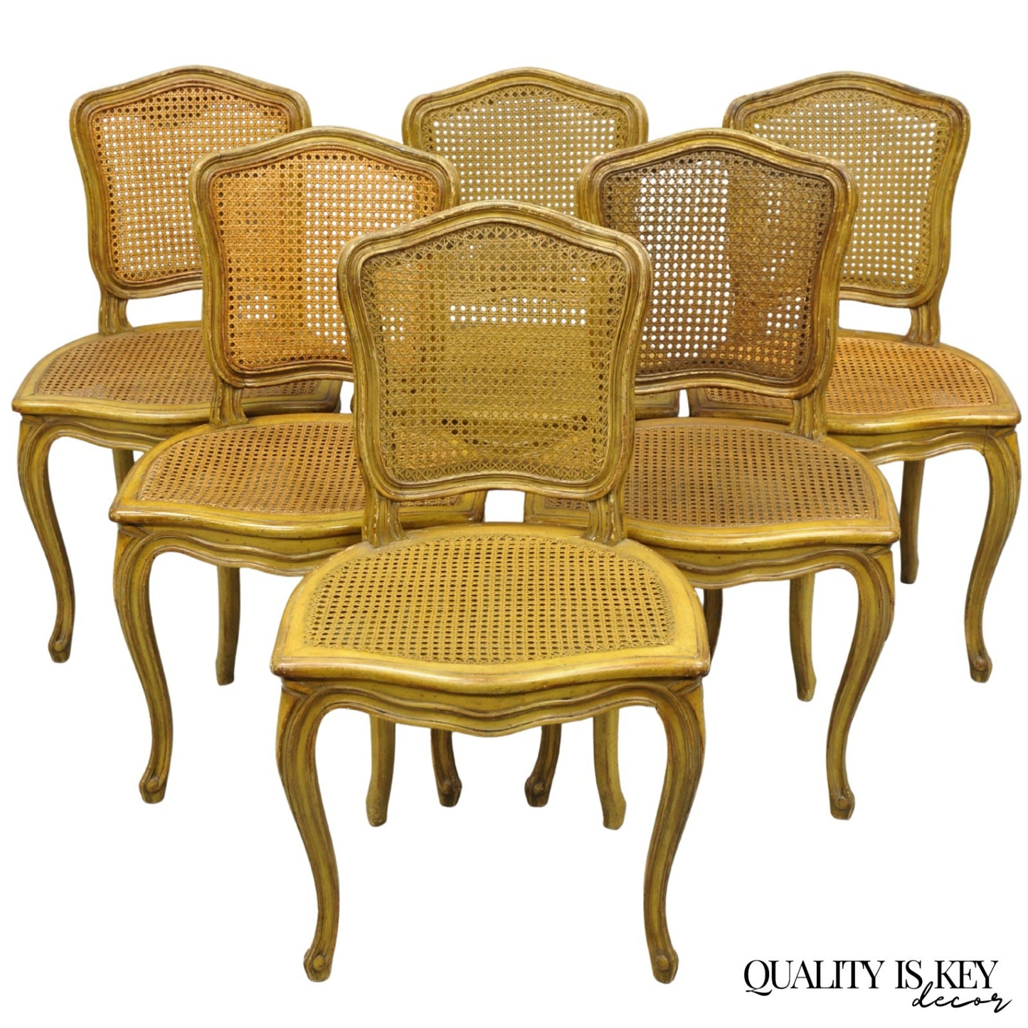Vintage French Provincial Louis XV Style Cane Dining Side Chairs - Set of 6