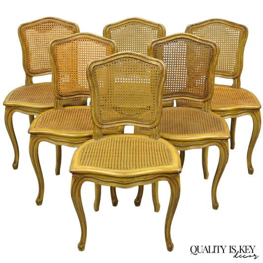 Vintage French Provincial Louis XV Style Cane Dining Side Chairs - Set of 6