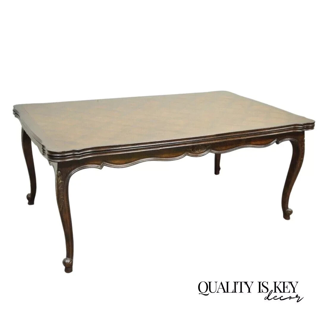 Vintage French Country Oak Parquetry Inlay Refectory Extension Leaf Dining Table