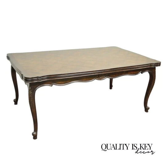 Vintage French Country Oak Parquetry Inlay Refectory Extension Leaf Dining Table