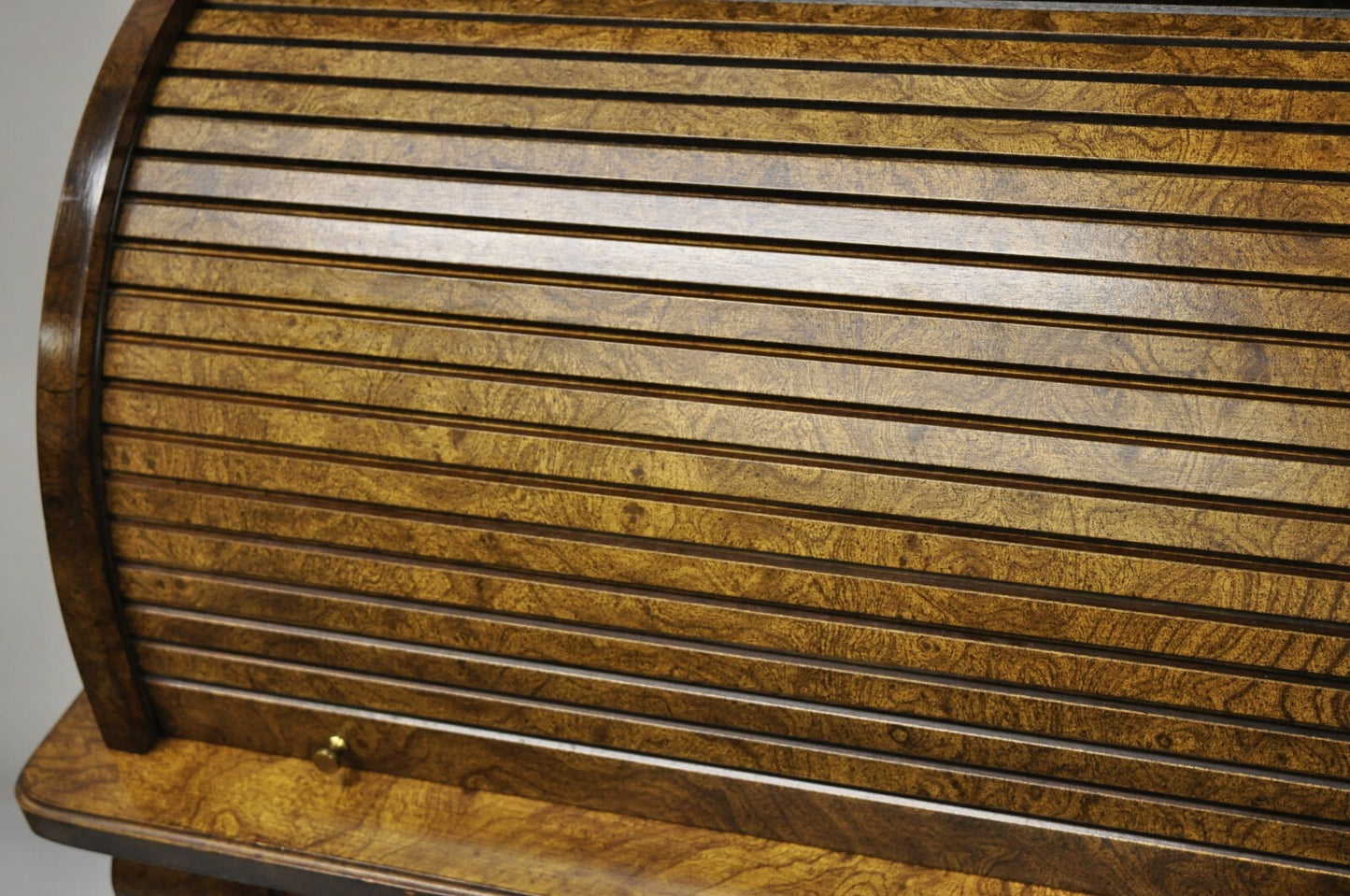 Vintage Italian Regency Burlwood Laminate Saber Leg Tall Secretary Desk Display