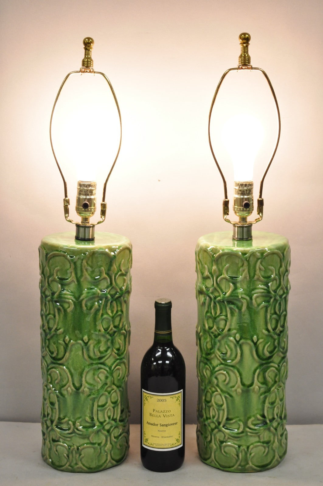 Contemporary Modern Green Glazed Ceramic Scroll Decorated Table Lamps - a Pair