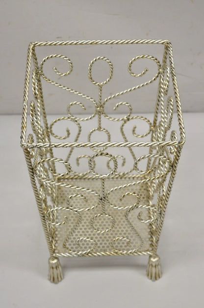 Vintage Italian Hollywood Regency Silver Iron Tassel Wastebasket Trashcan
