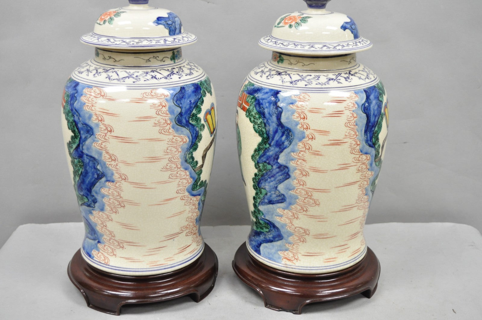 Vintage Chinoiserie Oriental Oatmeal Ginger Jar Ceramic Table Lamps - a Pair