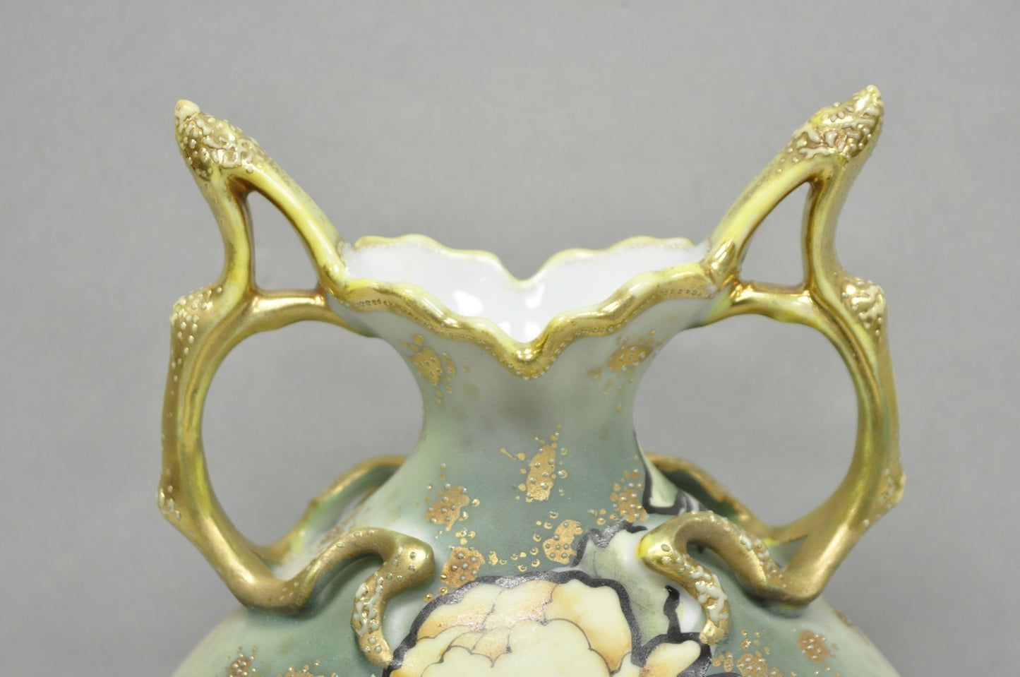 Antique Nippon Hand Painted Porcelain Twin Branch Handle Yellow Rose Small Vase