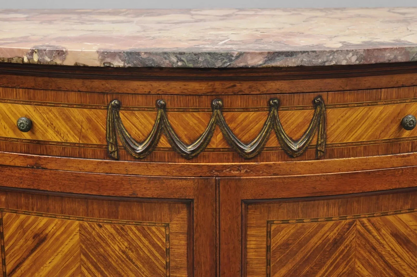 Antique French Louis XV Style Satinwood Marble Top Tall Chest Dresser Cabinet