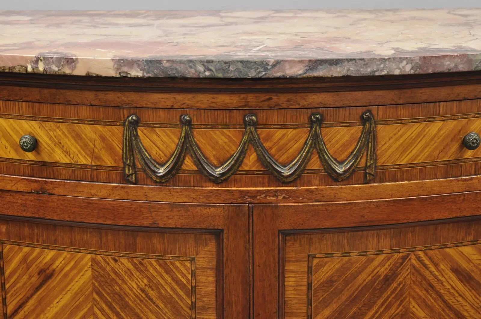Antique French Louis XV Style Satinwood Marble Top Tall Chest Dresser Cabinet