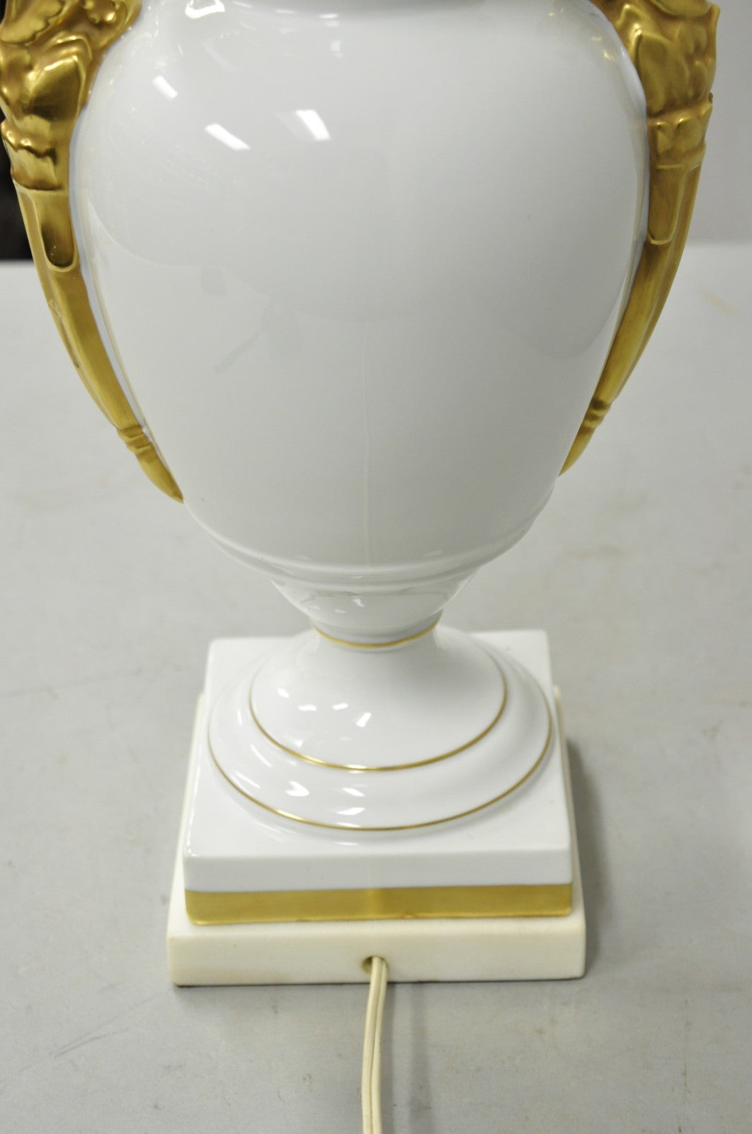 Vintage Italian Regency White Gold French Porcelain Urn Marble Base Table Lamp