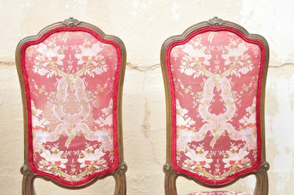 Vintage Italian Regency Style Carved Walnut Red Fabric Dining Chairs - Set of 6