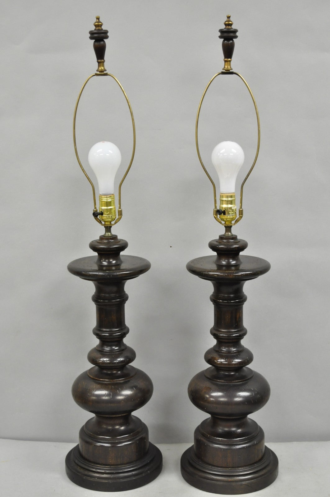 Vintage French Country Farmhouse Distressed Solid Carved Wood Table Lamps - Pair