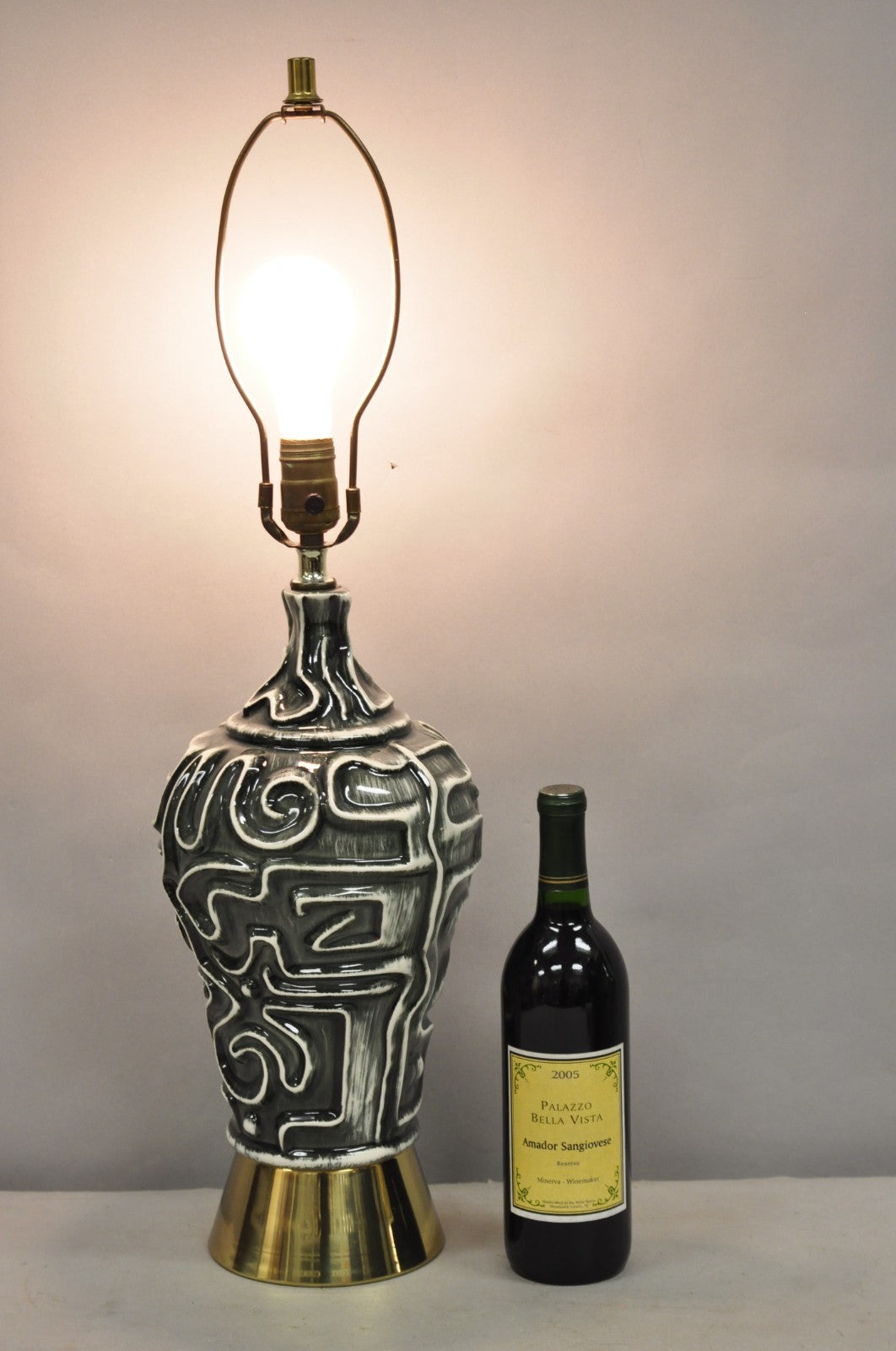 Vintage Mid Century Modern Grey Glazed Ceramic Geometric Aztec Brass Table Lamp