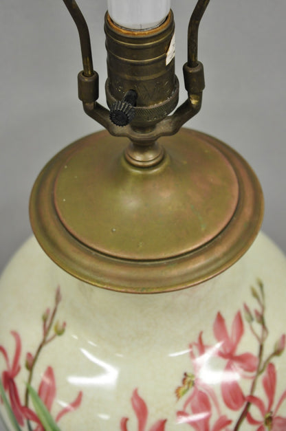 Vintage Art Nouveau Style Pink Flower Painted Porcelain Table Lamp by Wildwood